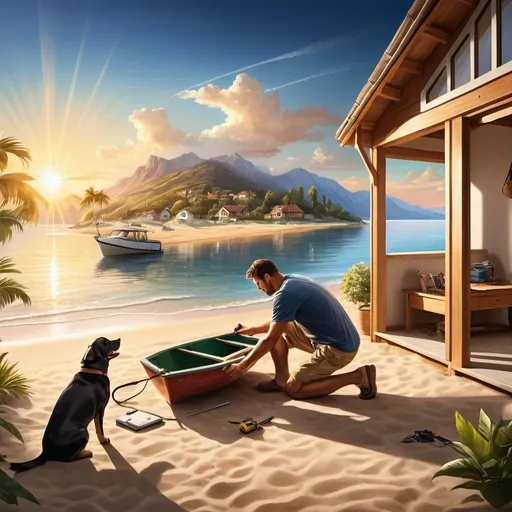 Prompt: a handyman working on a house, on the sunset, with beautiful rays of light from the sun, view to a beach, with a small boat, on the water or sand, with a tree, with a dog, with a cat, and some mountains in the background