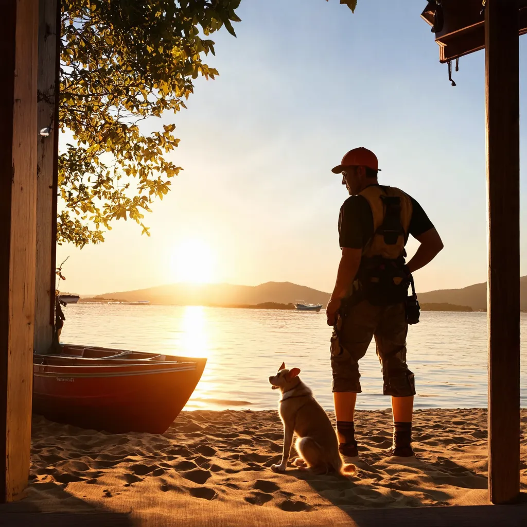 Prompt: a handyman working in the house, on the sunset, with beautiful rays of light from the sun, view to a beach, with a small boat, on the water or sand, with a tree, with a dog, with a cat, and some mountains in the background