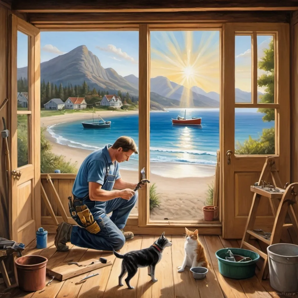 Prompt: An oil painting of a handyman doing a simple fix, on a house, with view to a beach with a small boat with beautiful rays of light with a tree with a dog with a cat and with some mountains in the background