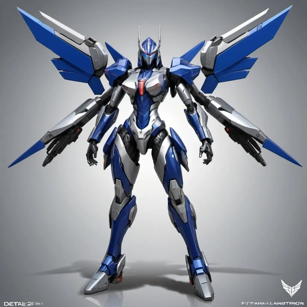 Prompt: sleek and agile female Cybertronian named Delta-9, standing 25 feet tall with a metallic silver and dark blue color scheme. She has an angular, aerodynamic design with vivid blue illuminated eyes and retractable wings. Delta-9 transforms into an advanced tactical fighter jet, featuring reinforced composite armor and integrated weaponry, including plasma cannons and concealed missile launchers. Her overall appearance combines futuristic elements with a fierce military presence, embodying both beauty and strength.