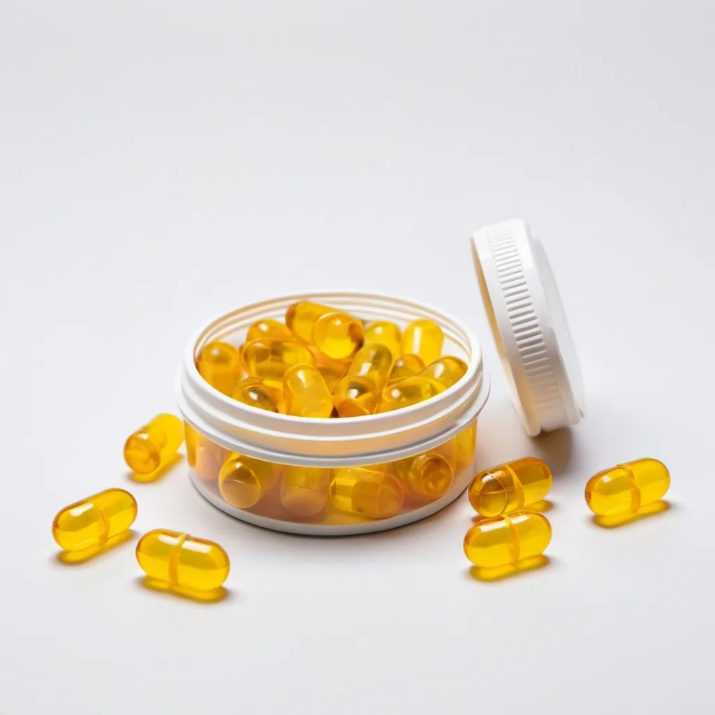 Prompt: yellow soft gel capsules in a short round container, white background
