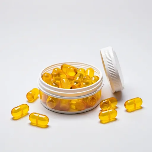 Prompt: yellow soft gel capsules in a short round container, white background
