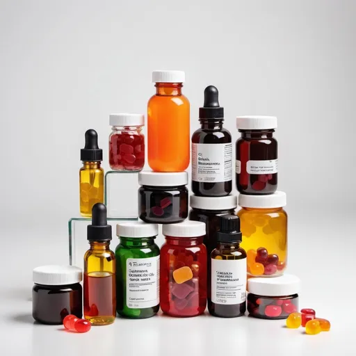 Prompt: bundle of dark bottled vitamin products, including gummies, oil tinctures, and creams in a transparent container, white background