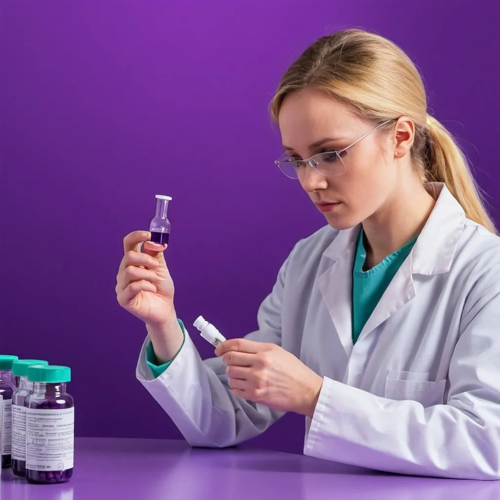 Prompt: a lab technician testing a vitamin product, purple background 