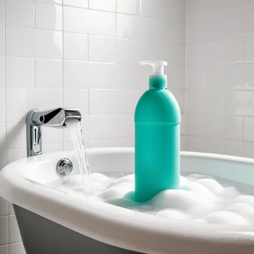 Prompt: foamy bathtub with a shampoo bottle floating in the foamy water, white background
