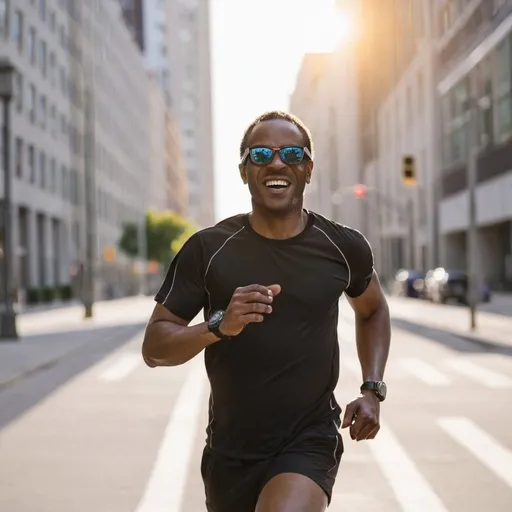 Prompt: black man with sun glasses taking a run in the city
