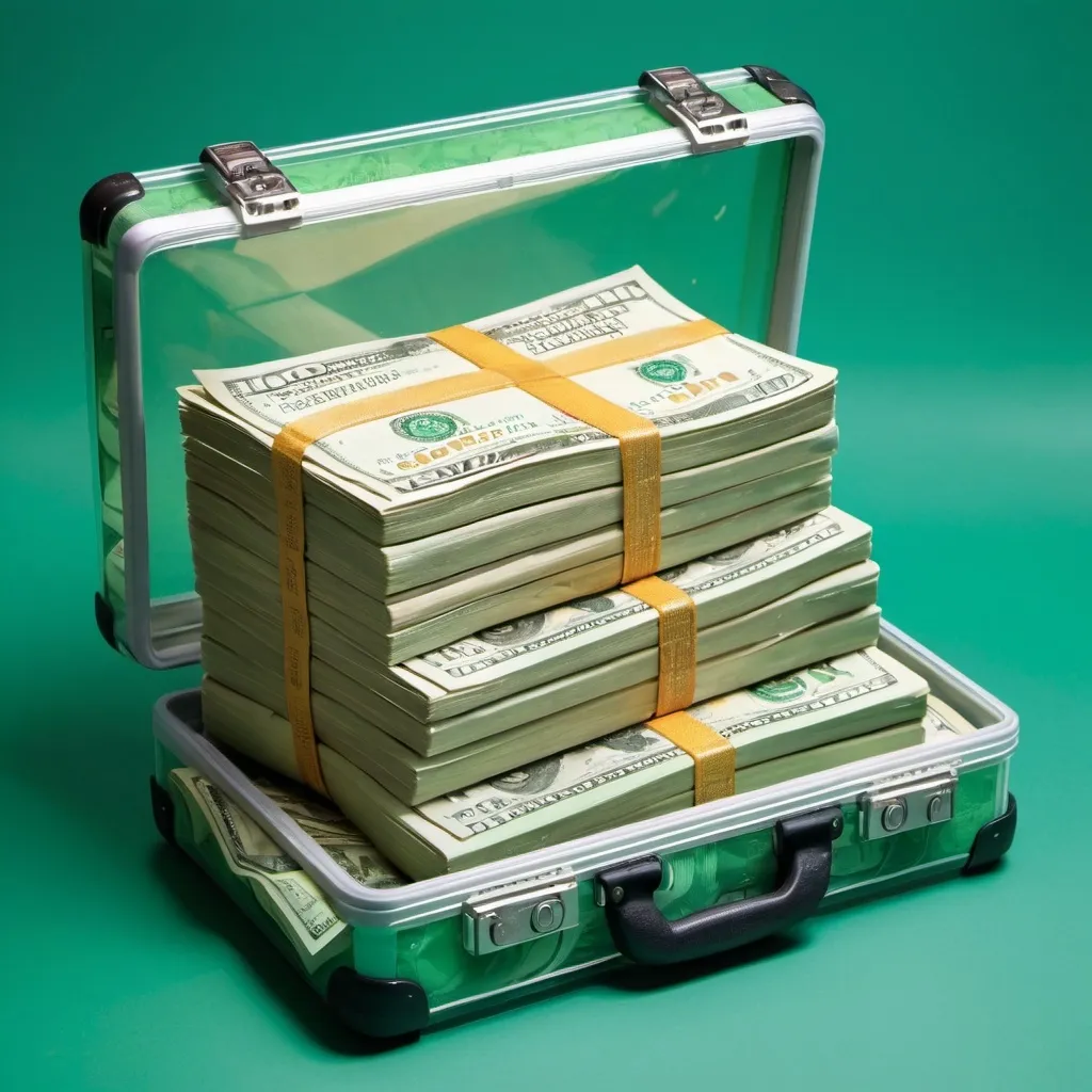 Prompt: a bunch of dollar bills stacked together in a transparent suit case, green background