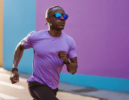 Prompt: black man with black sun glasses taking a run in the city, light purple-blue background