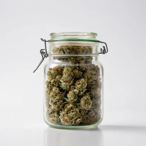 Prompt: raw cannabis in a transparent glass jar, white background
