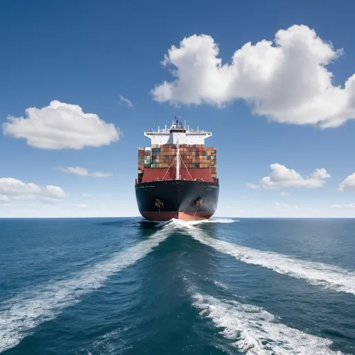 Prompt: A Cargo ship passes through ocean, front look, with ship full of cargos, weather must be sunny blue sky. size of the image must be high resolution for printing on f4 paper and portrait