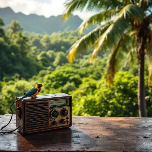 Prompt: create an image from La Reunion island. Add a radio micro, in which an exotic bird (paille-en-queue) talks. 