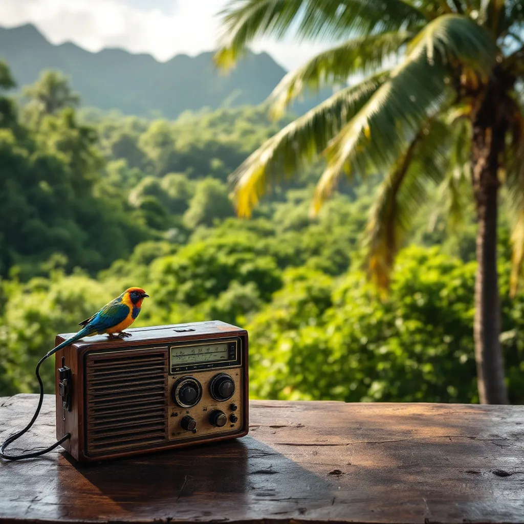 Prompt: create an image from La Reunion island. Add a radio micro, in which an exotic bird (paille-en-queue) talks. 