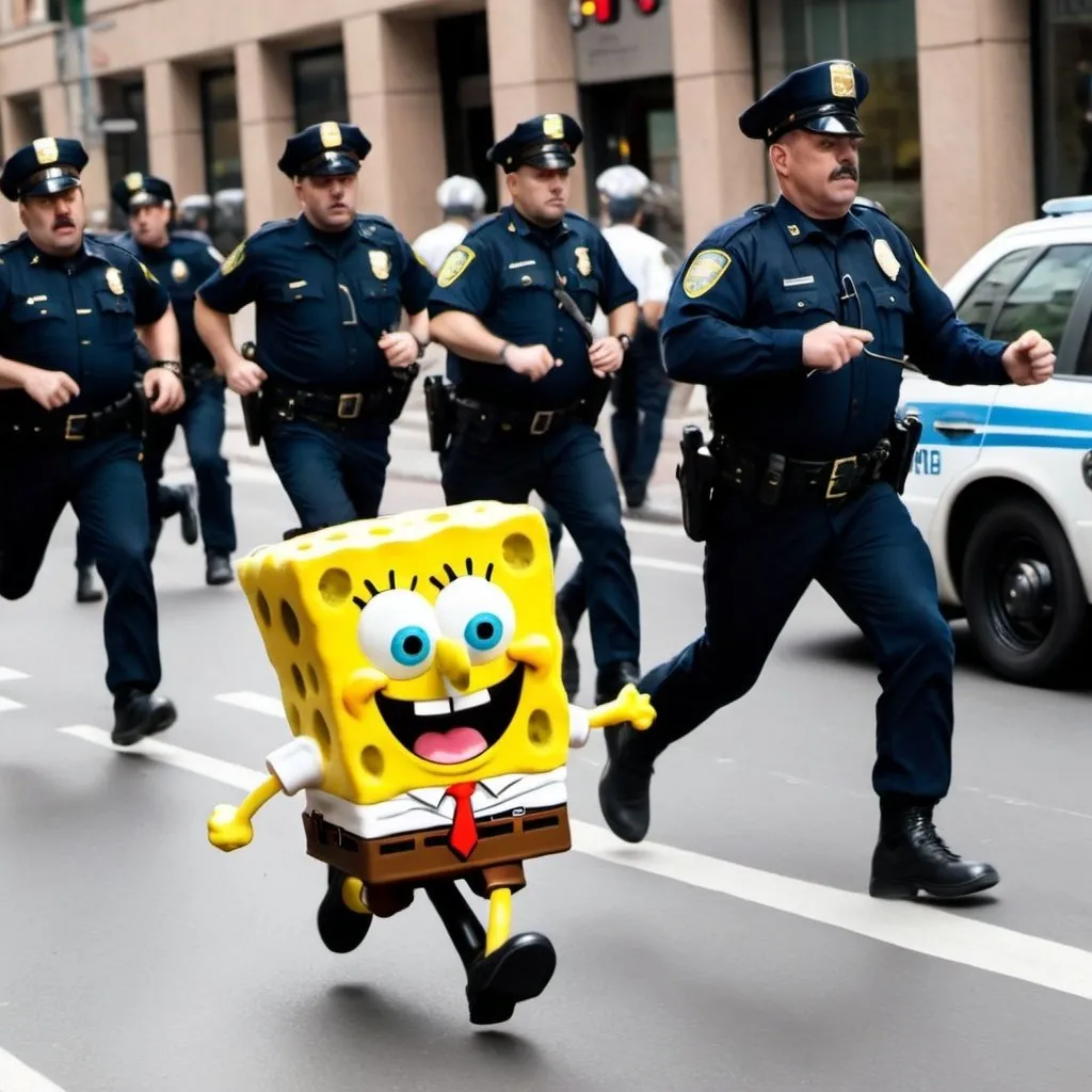 Prompt: bob esponja corriendo de los policias despues de robar un banco