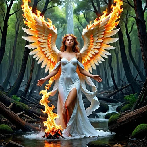 Prompt: un huscky siveriano con alas de angel y que sea mitat y mitat de elemento fuego y agua y que este en un bosque y que cambie el escenario
