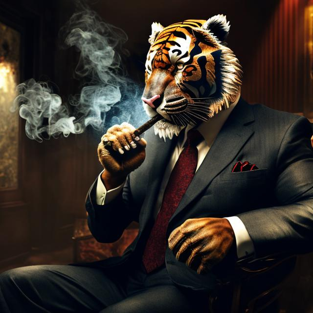 Prompt:  muscular tiger in a suit smoking cigar, with a serious look, he looks like a mafia, hd, 4k, realistic