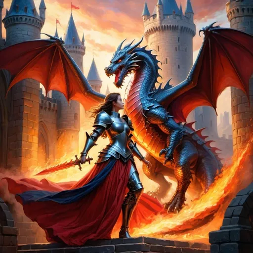 Prompt: Hero defending princess from dragon in a majestic castle, oil painting, vibrant colors, high contrast, medieval fantasy, heroic knight, fiery dragon, ornate armor, flowing gown, epic battle scene, detailed castle architecture, dynamic lighting, high quality, oil painting, medieval fantasy, vibrant colors, heroic knight, epic battle scene, fiery dragon, detailed castle architecture, dynamic lighting, ornate armor, flowing gown