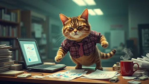 Prompt: A grumpy-looking cat in a tiny shirt and tie walks into an office, jumps on a desk, opens a laptop, types nonsense, knocks over a coffee mug, then dramatically falls asleep on important documents.