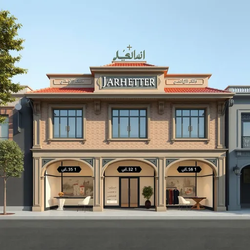 Prompt: Iranian historical architecture front facade design of a commercial center with 18 meter width and 8 meter height and 2 floor and flat roof
the front facade shows three separate stores and divided with solid wall
