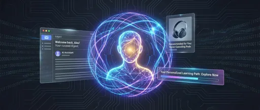 Prompt: An abstract, glowing network of data streams converging to form a personalized icon or avatar, with subtle AI circuitry in the background. Around the central image, show snippets of highly tailored content like a personalized email, a custom product recommendation, and a dynamic website banner, all looking highly relevant to an individual user.)
