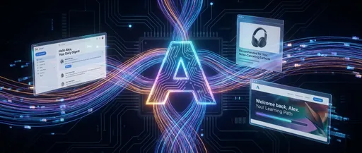 Prompt: An abstract, glowing network of data streams converging to form a personalized icon or avatar, with subtle AI circuitry in the background. Around the central image, show snippets of highly tailored content like a personalized email, a custom product recommendation, and a dynamic website banner, all looking highly relevant to an individual user.)
