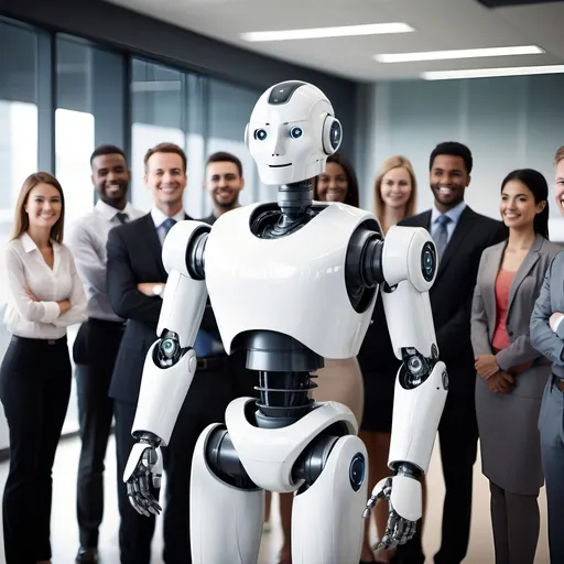 Prompt: Futuristic robot alongside a charismatic business leader surrounded by a diverse group of happy and engaged employees. The setting should convey innovation and teamwork, with a modern office background, emphasizing a harmonious blend of technology and human collaboration.