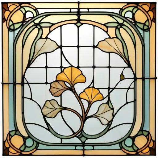 Prompt: a very simple stained glass pattern art nouveau style with mainly clear elements, with some ginko leaves in a rectangle