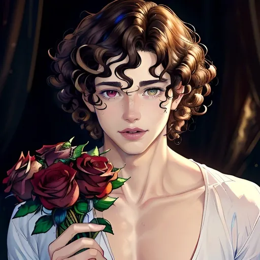 Prompt: Curly brown hair young man with heterochromia holding out roses, detailed facial features, vivid and rich colors, romantic, high quality, realistic, warm lighting, heterochromia, curly hair, romantic, detailed facial features, vivid colors, warm lighting