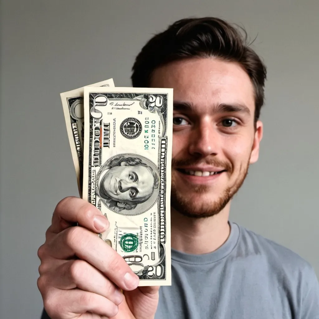 Prompt: A guy holding a 20 dollars 