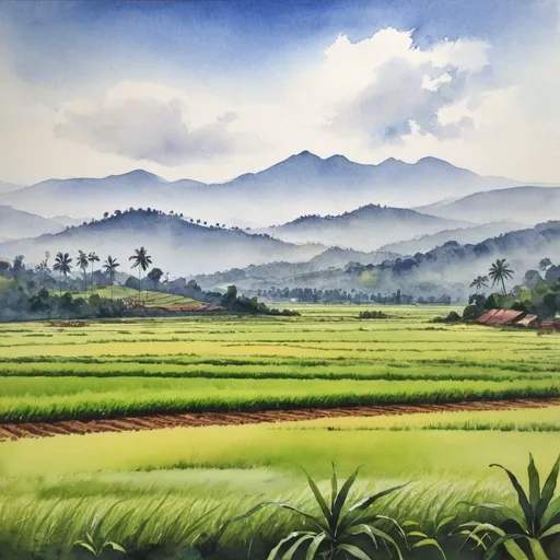 Prompt: coorg mountains landscape in the background and paddy feilds in the foreground in watercolour