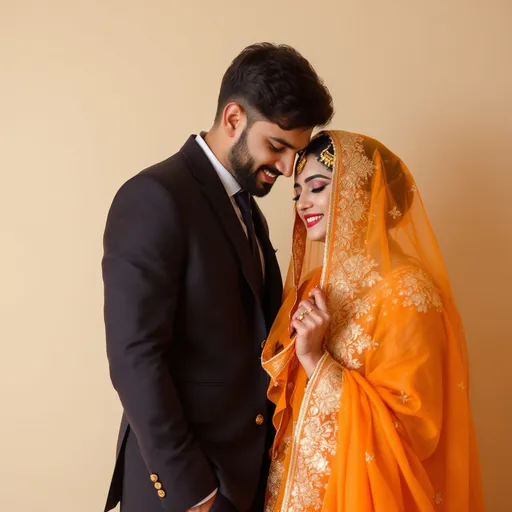 Prompt: In a soft-lit scene that exudes warmth and intimacy, a man in a dark suit stands with a gentle smile, leaning slightly toward a woman adorned in a vibrant orange dupatta intricately decorated with gold embroidery. The woman, whose expression reflects shyness mixed with affection, keeps her gaze lowered while holding her dupatta delicately with one hand. The background is simple and muted, further enhancing the focus on the couple's close interaction, which suggests a moment of connection or celebration. The overall color palette, with its pastel hues, contributes to a dreamy ambiance, encapsulating a sense of joy and love in this candid moment.