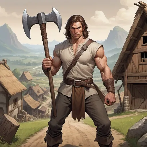 Prompt: a human man, muscular, shoulder length brown hair, simple clothes for traveling shirt, holding a large two handed double bladed axe, farming village in the background, dungeons and dragons
