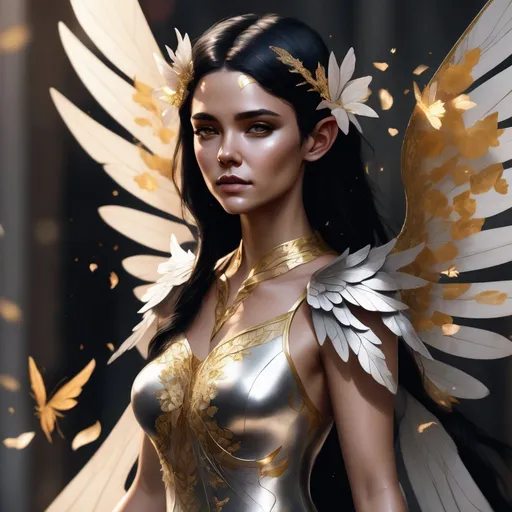 Prompt: hyper-realistic fae female character. 
Wings are made of flower petals and are black-haired. wearing a silver and gold tunic.
fantasy character, art, illustration, cool tone
