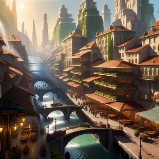 Prompt: sprawling layered port trade city, sunny, waterfall gardens, sloping delta, dramatic fantasy scene, cinematic lighting, photorealistic