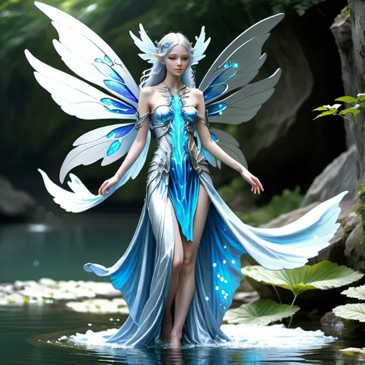 Prompt: humanoid fairy elemental with wings of water female flowing silver clothes
