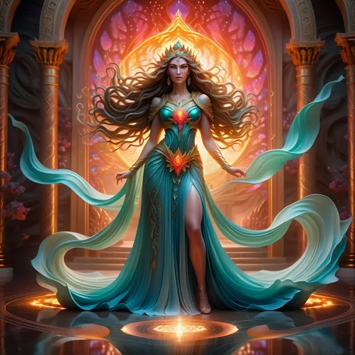 Prompt: hyper-realistic

Goddess of Chaos with glowing eyes and flowing hair, 

wearing an elegant flowing dress with intricate embroidery, 

standing in an ethereal throne room, 

full body, high res, detailed, fantasy, vibrant colors, radiant lighting, majestic, surreal, paradise setting