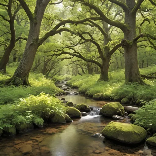 Prompt: A bright and vibrant old oak forest running along a clear babbling brook