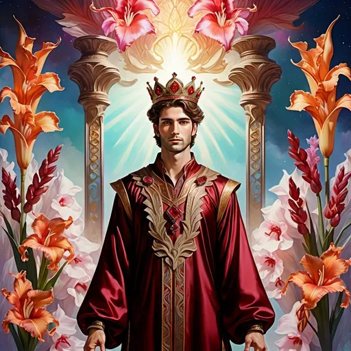 Prompt: full-length hyper-realistic late-twenties male with brown hair, adorned with rubies and Gladiolus, standing in an ethereal Nedula background, full body,  high res, detailed, vibrant colors, flowing and ethereal tunic, radiant lighting, majestic, surreal, paradise setting, intricate crown 
character, art, illustration, photorealism