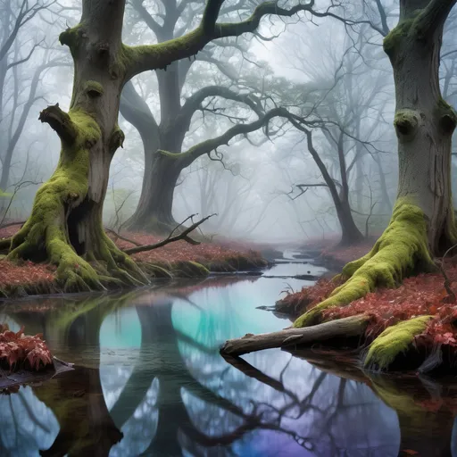 Prompt: A misty and eerie old oak forest with a clear babbling brook, brightly colored crystals eerily reflecting in the water

high res, detailed, majestic, surreal, 