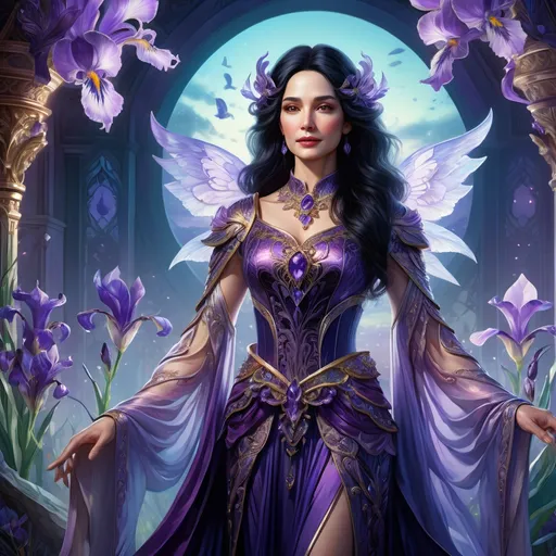 Prompt: full-body hyper-realistic character middle-age female with black hair, adorned with amethysts and Irises, standing in an ethereal twilight background, full body,  high res, detailed, vibrant colors, flowing and ethereal detailed ornate clothes, radiant lighting, majestic, surreal, paradise setting, intricate circlet 
character, art, illustration, photorealism