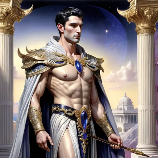 Prompt: full-body, hyper-realistic, intimidating, clean-shaven mid-twenties Grecian king, adorned with Sapphires and Orchid, long spear in hand with black short hair ,  flowing and ethereal detailed ornate silver and gold robes, 
background of a distant elegant celestial palace

full body,  high res, detailed, vibrant colors, radiant lighting, majestic, surreal, paradise setting, intricate character, art, illustration, photo-realism