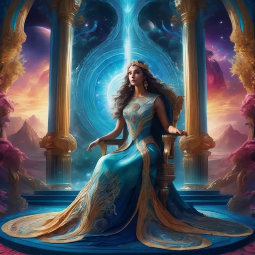 Prompt: hyper-realistic

Goddess of Space with glowing eyes and flowing hair, 

wearing an elegant flowing dress with intricate embroidery, 

standing in an ethereal throne room, 

full body, high res, detailed, fantasy, vibrant colors, radiant lighting, majestic, surreal, paradise setting