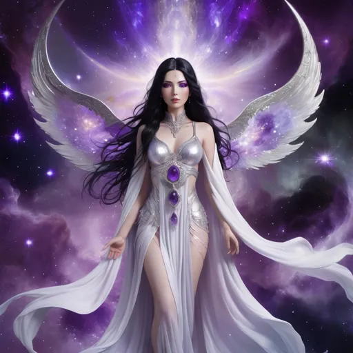 Prompt: Goddess with black hair and silver eyes, adorned with amethyst jewels, standing in an ethereal nebula background, full body, highres, detailed, fantasy, vibrant colors, flowing and ethereal white/gray clothes, radiant lighting, majestic, surreal, paradise setting, 