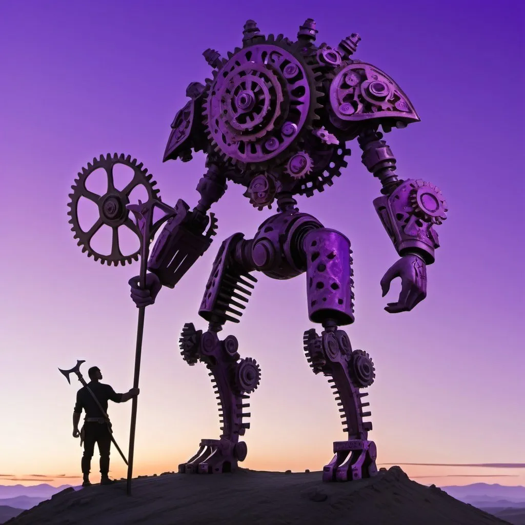 Prompt: human shaped mechanoid made of gears and cogs, with halberd in hand, standing on a cog pathway winding through a purple twilight sky