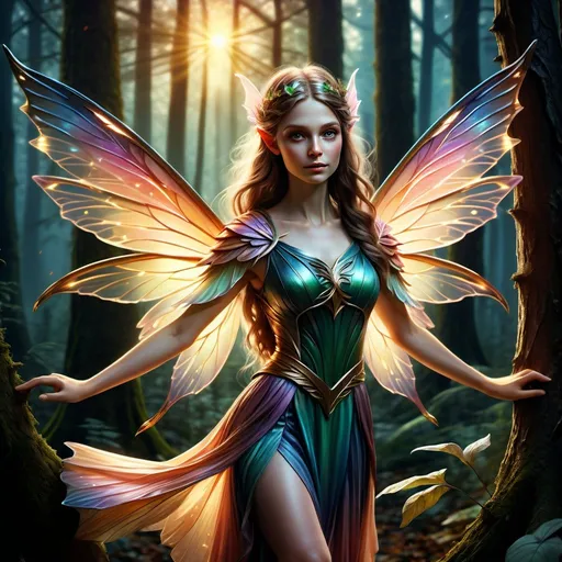 Prompt: hyper-realistic fairy female character. 
fairy wings flying through a dark forest at sunset, wearing a tunic.
fantasy character, art, illustration, photorealism
