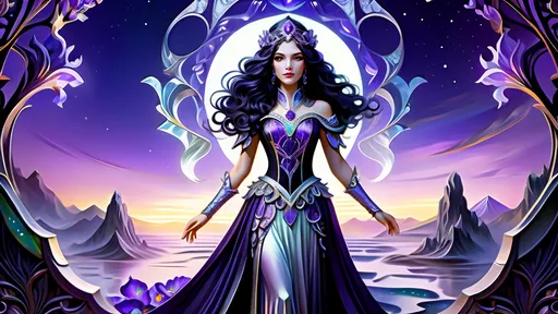 Prompt: female with black wavy hair, silver eyes, adorned with amethysts and Irises, standing in an ethereal twilight background, full body,  high res, detailed, fantasy, vibrant colors, flowing and ethereal detailed ornate clothes, radiant lighting, majestic, surreal, paradise setting, intricate and elegant circlet