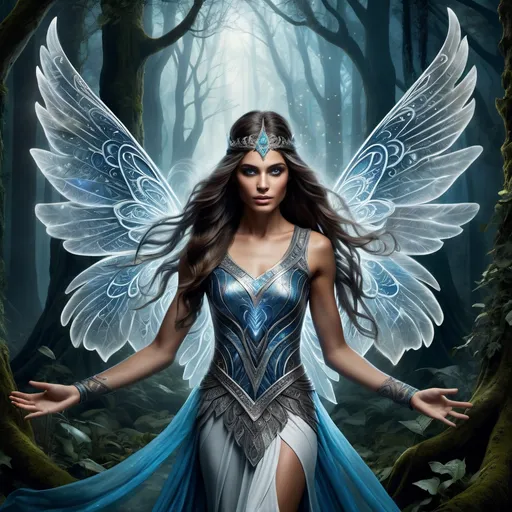 Prompt: Generate an image of a captivating female with a powerful physique adorned in a flowing, mysterious grey/white and blue tunic that shimmers with an otherworldly glow. Fairies dance around them, their delicate wings casting shimmering light as they swirl through the air. Intricate tattoos adorn their hands, marking them with ancient symbols of power and magic. Set against the backdrop of the mystical forest, this scene exudes an aura of enchantment and intrigue.