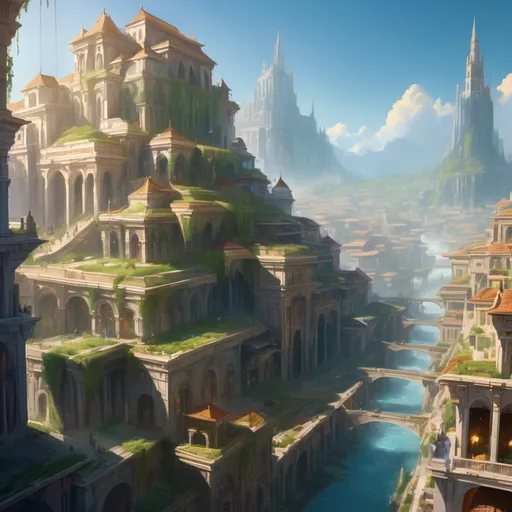 Prompt: large tiered port trade city, sunny, waterfalled hanging gardens, sloping delta, dramatic fantasy scene, cinematic lighting