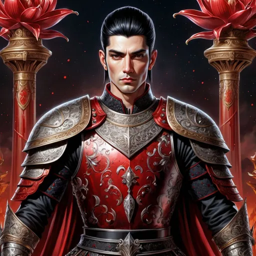 Prompt: full-body, hyper-realistic, intimidating, clean-shaven mid-twenties king, adorned with Blood-stones and White-Lilly's, long spear in hand with short black hair,  detailed ornate red and black armor, 
background of a distant elegant celestial palace

full body,  high res, detailed, vibrant colors, radiant lighting, majestic, surreal, paradise setting, intricate character, art, illustration, photo-realism