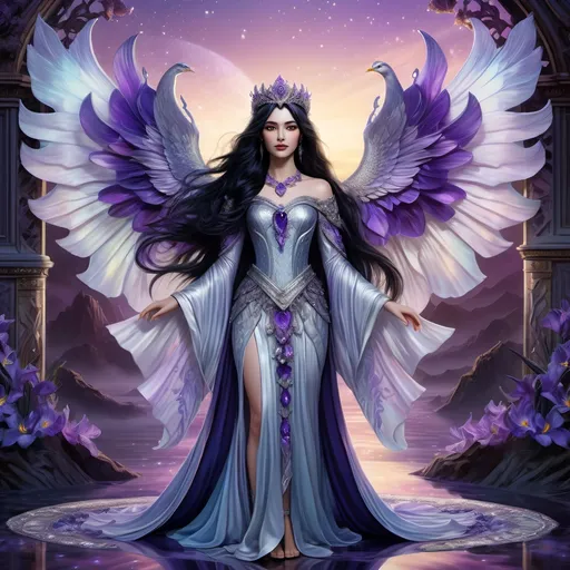 Prompt: hyper-realistic character female with black hair and silver eyes, adorned with amethysts and Irises, standing in an ethereal twilight background, full body,  high res, detailed, vibrant colors, flowing and ethereal detailed ornate clothes, radiant lighting, majestic, surreal, paradise setting, intricate and elegant circlet 
character, art, illustration, photorealism