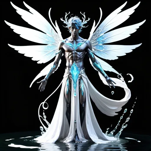 Prompt: humanoid fairy elemental with wings of water male flowing silver clothes
